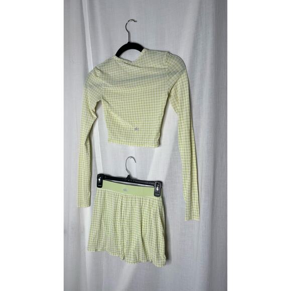 Alo Yoga Mesh Gingham Cropped Long Sleeve Top, Skirt in Iced Green Tea Size XS - Picture 2 of 6